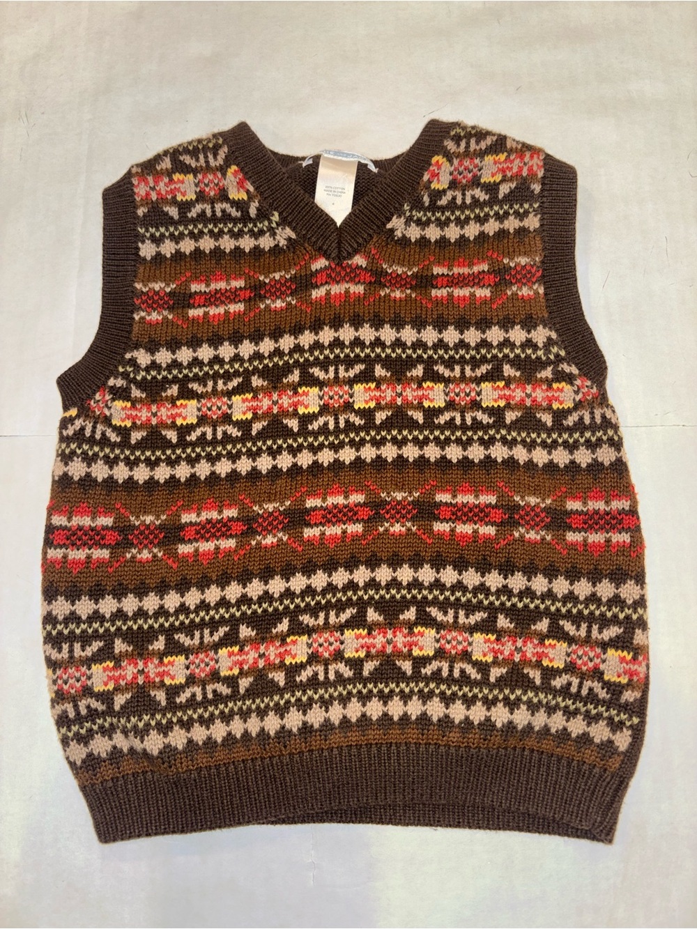 Janie and Jack Brown Fair Isle V-Neck Sweater Vest with Red and Cream Accents